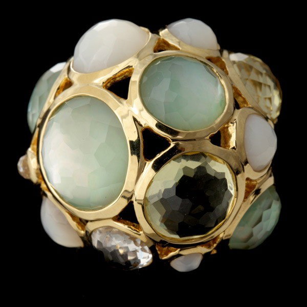 IPPOLITA MOTHER OF PEARL, CITRINE, 18K Y/G RING.: IPPOLITA MOTHER OF PEARL, CITRINE, 18K YELLOW GOLD RING. Featuring eight faceted topped mother of pearl cabochons, accented by four faceted topped citrines, all bezel set in an 18k yellow gold mountin