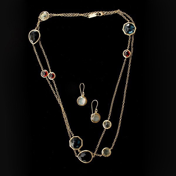 MOONSTONE, TOPAZ, ONYX, GARNET, 18K Y/G SUITE.: IPPOLITA MOONSTONE, BLUE TOPAZ, BLACK ONYX, GARNET AND 18K YELLOW GOLD JEWELRY SUITE. Including an 18k yellow gold necklace, composed of two pear shaped black onyx, two octagonal blue topaz, three rou