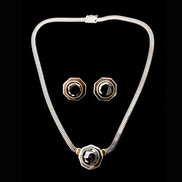 HEMATITE, 18K Y/G, STERLING SILVER JEWELRY SUITE.: HEMATITE, 18K YELLOW GOLD, STERLING SILVER JEWELRY SUITE. Including one round faceted hematite cabochon, bezel set in a 18k yellow gold and sterling silver mounting completed by a squared snake link c