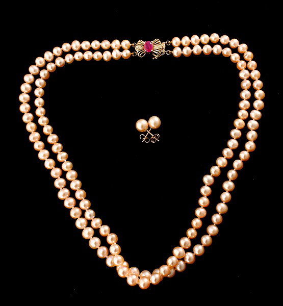 C. PEARL, RUBY, DIAMOND, 14K Y/G JEWELRY SUITE.: CULTURED PEARL, RUBY, DIAMOND, 14K YELLOW GOLD JEWELRY SUITE. Including a pair of cultured pearl, 14k yellow gold stud earrings together with a cultured pearl, ruby, diamond, 14k yellow gold double st