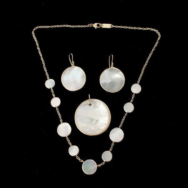 IPPOLITA MOTHER-OF-PEARL, 18K YELLOW GOLD JEWELRY.: COLLECTION OF IPPOLITA MOTHER-OF-PEARL, 18K YELLOW GOLD JEWELRY. Including one pair of mother-of-pearl, 18k yellow gold earrings; one mother-of-pearl, 18k yellow gold necklace together with one mother