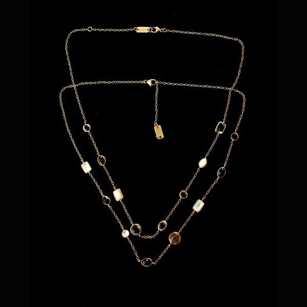 2 IPPOLITA MULTI-STONE SMALL, 18K Y/G NECKLACES.: COLLECTION OF TWO IPPOLITA MULTI-STONE SMALL, 18K YELLOW GOLD NECKLACES. Including one quartz, mother-of-pearl necklace measuring 17 1/2 inches long; together with one quartz, garnet, mother-of-pearl 