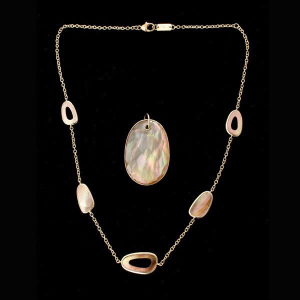 IPPOLITA MOTHER-OF-PEARL, QUARTZ, 18K Y/G JEWELRY.: COLLECTION OF IPPOLITA MOTHER-OF-PEARL, QUARTZ, 18K YELLOW GOLD JEWELRY. Including a mother-of-pearl, rock crystal quartz, 18k yellow gold pendant, together with a mother-of-pearl , 18k yellow gold ne