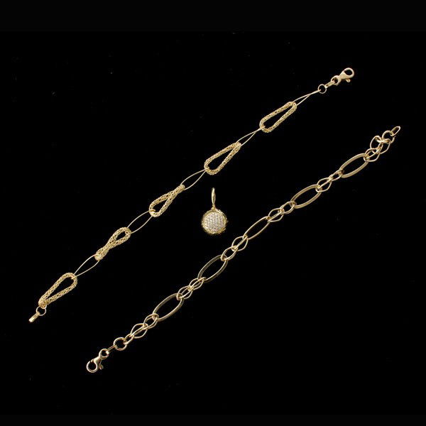COLLECTION OF DIAMOND, 18K YELLOW GOLD JEWELRY.: COLLECTION OF DIAMOND, 18K YELLOW GOLD JEWELRY. Including two multi-link 18k yellow gold bracelets together with a pendant accented by thirty-seven full-cut diamonds weighing a total of approximately