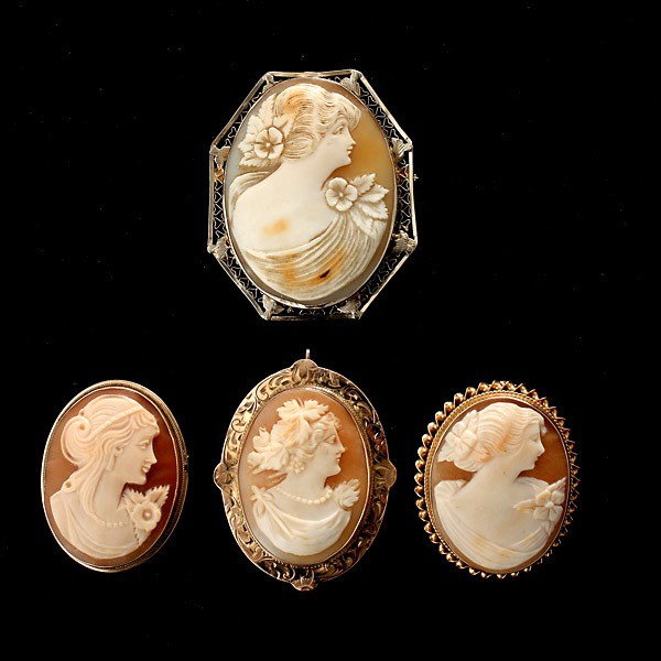 4 SHELL CAMEO, 14K YELLOW GOLD PENDANT BROOCHES.: COLLECTION OF FOUR SHELL CAMEO, 14K YELLOW GOLD PENDANT BROOCHES. Including one shell cameo, 14k yellow gold pendant-brooch completed by a fine flat link 14k yellow gold chain forming an 18 inch neckl