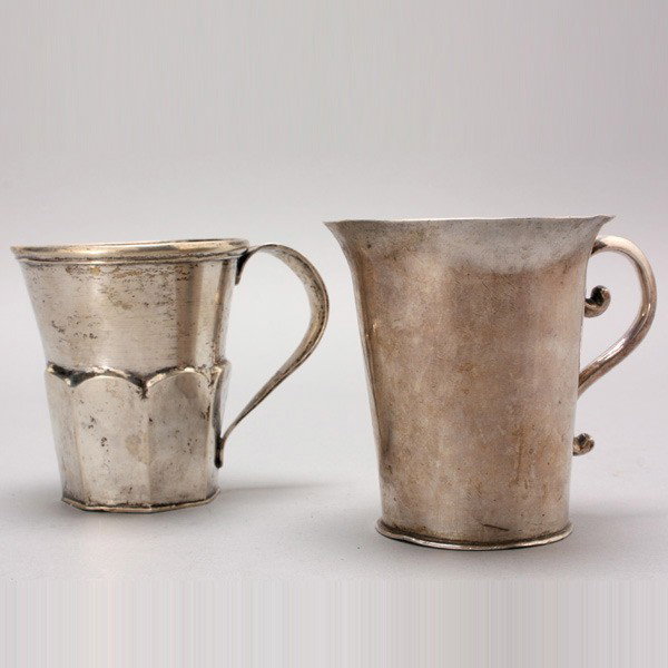 Two Spanish Colonial Silver Mugs: Two Spanish Colonial Silver Mugs, one marked "M.Acuna De La Prectura Potosi" {Height of taller 4 1/4 inches} Provenance: the estate of Douglas Hague & Jorge Euan, San Francisco.