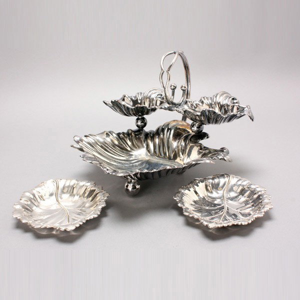 English Leaf Dishes and a Marlin Hall Two Tier Tra: Pair of English Silverplate Leaf Form Dishes and a Marlin Hall Two Tier Tray {Height of tray 7 1/2 inches; length of dishes 5 3/4 inches}