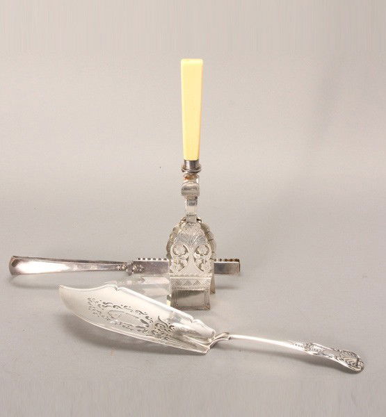 Three Victorian Sterling Servers: Victorian Sterling Fish Server; a Mappin & Webb Asparagus Server with ivorine handle; and another sterling server (3) {Total silver weight 9.11 troy oz; length of asparagus server 10 1/4 inches}