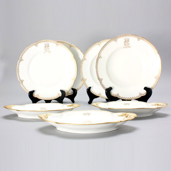 Limoges Service: Victor Etienne Paris Mark (25): Limoges France Porcelain Partial Dinner Service with Victor Etienne Paris Decorator's Mark, all with gold monogram: twelve dinner plates (diameter 9 1/2 inches); ten bowls (diameter 9 5/8 inches); and