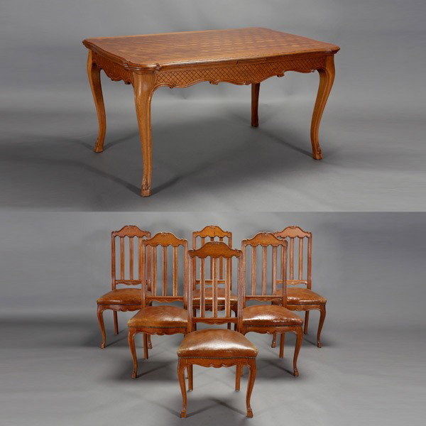 Belgian Oak Parquetry Dining Table with Six Chairs: Louis XV Provincial Style Belgian Oak Parquetry Dining Table with Six Chairs; the chairs with leather bosses {Dimensions of table 31 x 58 1/2 x 39 inches; chairs 42 1/4 x 19 1/2 x 17 inches}