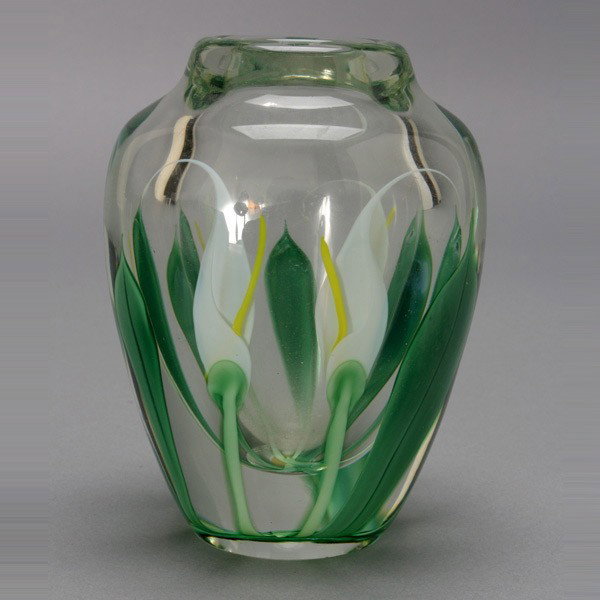 Orient & Flume Paperweight Vase Encasing Lilies: Orient & Flume Paperweight Vase Encasing Calla Lilies, "S. Beyers" "CC1985J51" {Height 4 3/4 inches} [Good condition]