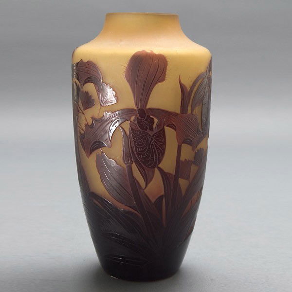 D'Argental Cameo Glass Vase, circa 1910: D'Argental Cameo Glass Vase, Circa 1910, the cylindrical form cut with sprays of orchids shaded from purple to a peach opalescent ground on a spreading circular footed base, raised script signature D'