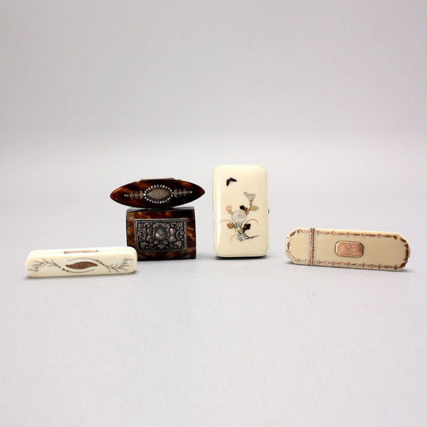 2 Ivory Needlecases, Silver Box , Japanese Purse: Two Victorian Ivory Needle Cases; together with a silver mounted box; a mother of pearl inlay compact; and a Japanese ivory purse (5) {Length of purse 3 inches}