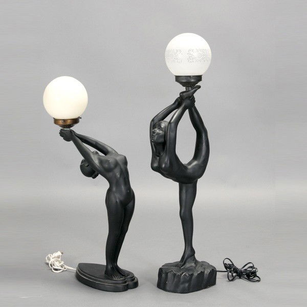 Pr Art Deco Style Composition Figural Lights: Pair of Art Deco Style Ebonized Composition Figural Lights with Glass Globes {Height of taller 32 1/2 inches}