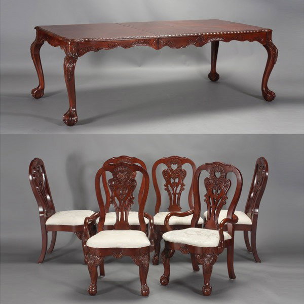 Chippendale Style Dining Table with Six Chairs: Chippendale Style Dining Table with Six Chairs, including two armchairs {Dimensions of table 30 1/2 x 71 x 43 3/4 inches; arm chair 43 x 23 1/2 x 21 inches} [One leaf included attached under table]