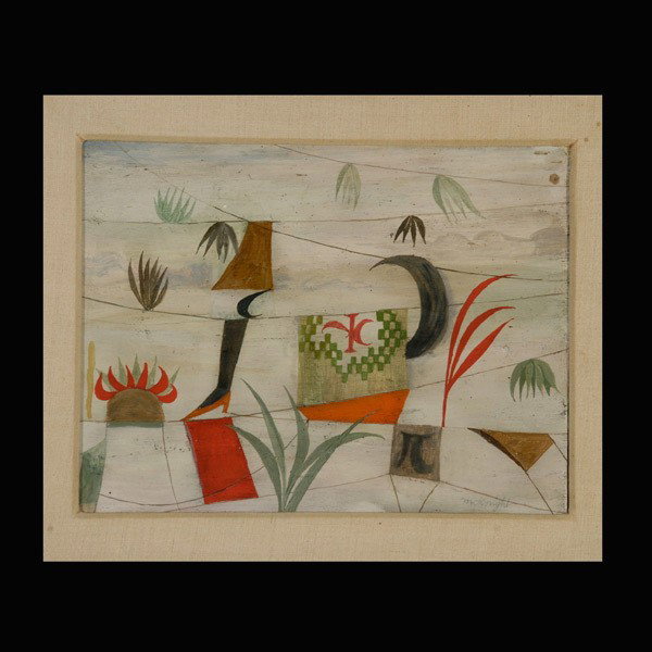 Thomas McKnight rare early oil painting: THOMAS FREDERICK McKNIGHT. (American, b. 1941) "Archimedes' Constant" Oil on board, 1962. 9 1/4 x 12 1/4 inches. Signed lower right. Verso: Signed, and dated. In good condition: minor surface soiling.