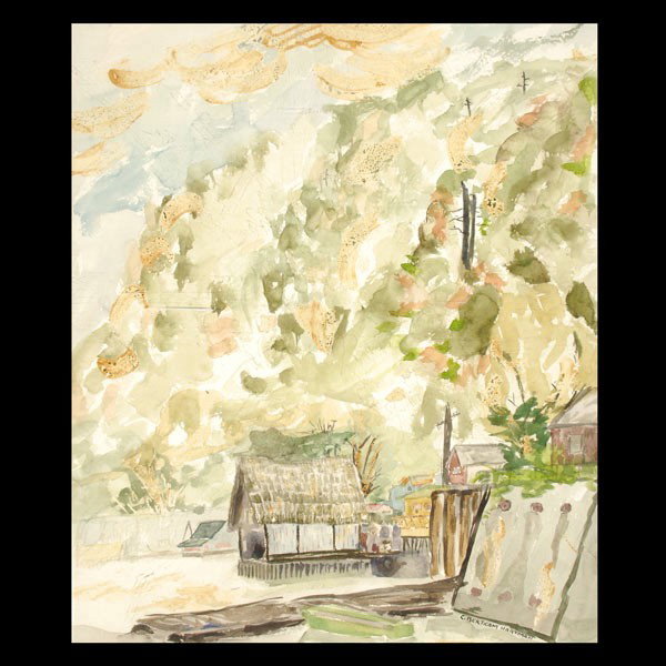C. BERTRAM HARTMAN. "Waterfront City" Watercolor: C. BERTRAM HARTMAN. (American, 1882 - 1960) "Waterfront City" Watercolor on paper. Sight: 25 x 20 1/2 inches. Signed lower right. In very good condition. Framed, matted, and glazed. Not examined out o