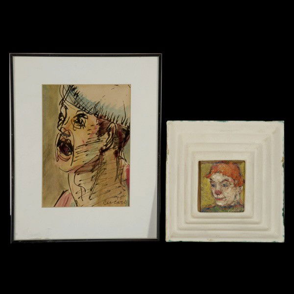 Pascal Cucaro. 2 Works Portraits: PASCAL CUCARO. (American, 1915 - 2004) Two works: "Clown" Pastel on board, 1950. 2 3/4 x 21/4 inhches. "Portrait" Watercolor and Ink on paper, 1948. 6 1/4 x 4 1/2 inches. Both signed and dated lower r