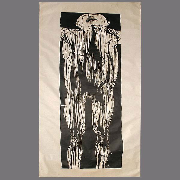 Leonard Baskin large woodcut everyman: LEONARD BASKIN. (American, 1922 - 2000) "Everyman" Woodblock print. Image: 82 x 24 inches, sheet: 98 x 35 in. Signed lower right. In fair condition: Edges with some tears, some brown spots throughout.