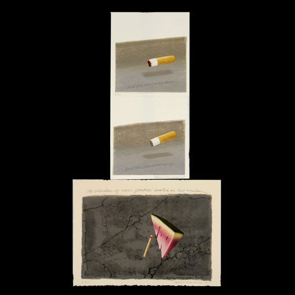 Donald Wilson "Cigarettes" three lithographs 1985: DONALD ROLLER WILSON. (American, b. 1938) three lithographs: "and one was going down", "butt one was coming up", and "The Shadow of Mrs. Jenkins' match on her melon" Color lithographs on paper, 1985.