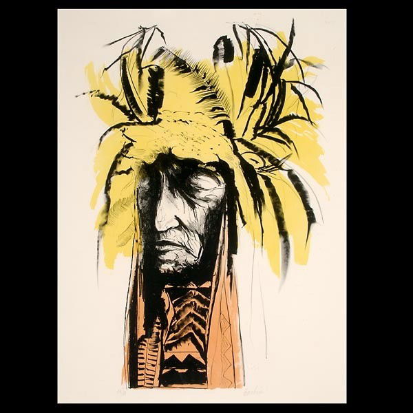 Leonard Baskin Indian Chief Lithograph: LEONARD BASKIN. (American, 1922 - 2000) "Lean Wolf" Lithograph on paper. Sight: 36 1/2 x 26 1/2 inches. Signed lower right. Numbered 43/80 lower left. In good condition. Framed, matted, and glazed. No