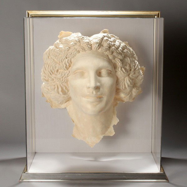 Frank Gallo cast paper sculpture: FRANK GALLO. (American, b. 1933) "Cygnus" Cast paper sculpture in plexiglas box with painted wood frame. Verso: Signed, numbered 23/200, and dated. Box: 28 x 25 x 13 inches. In good condition.