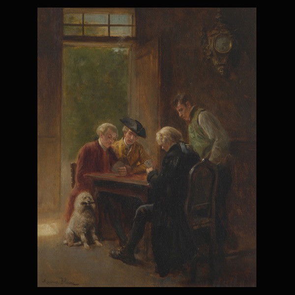 Maurice Blum "Card Players" Oil: MAURICE BLUM. (French, 1832 - 1909) "Card Players" Oil on board. 10 1/2 x 8 1/4 inches. Signed lower left. In good condition. Gilt frame in good condition.