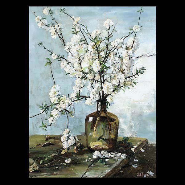 Gao Jian Zhang. "Peach Blossom" Oil: GAO JIAN ZHANG. (Chinese, b. 1955) "Peach Blossom" Oil on canvas, 1998. 31 x 23 inches. Signed and dated lower right. dated in 1998. In very good condition. Framed.