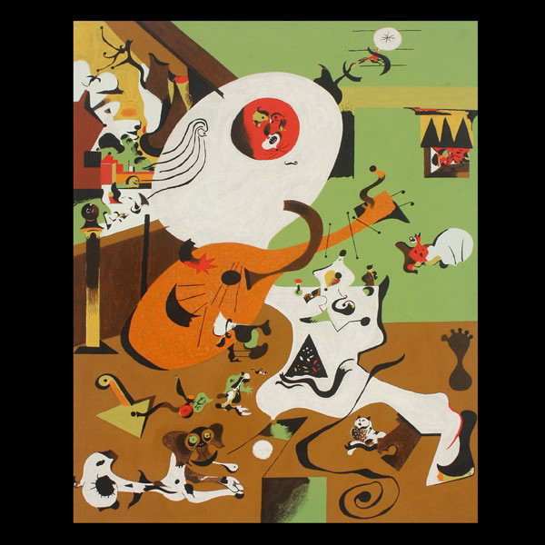 Joan Miro, "Dutch Interior I" Pochoir: JOAN MIRO. (Spanish, 1893 - 1983) "Dutch Interior I" Pochoir print by Museum of Modern Art New York 1928. 26 3/4 x 21 1/4 inches. In good condition: Time staining and foxing to paper front (not effect