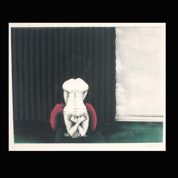 Paul Wunderlich color litho 1967 vor dem vorhang: PAUL WUNDERLICH. (German, 1927 - 2010) "Vor der Vorham". Color lithograph on Arches paper, 1967. Signed lower right. Numbered 33/75 lower left. In very good condition. Image: 16 1/2 x 21 3/4 inches. F