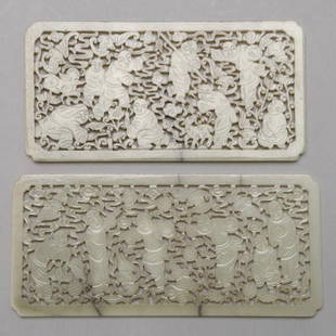 Two Reticulated Jade Plaques: Two Reticulated Jade Plaques, Both of rectangular form with deep mottled celadon hues displaying dark russet stained fissure lines, depicting various robed figures surrounded by bats, incised