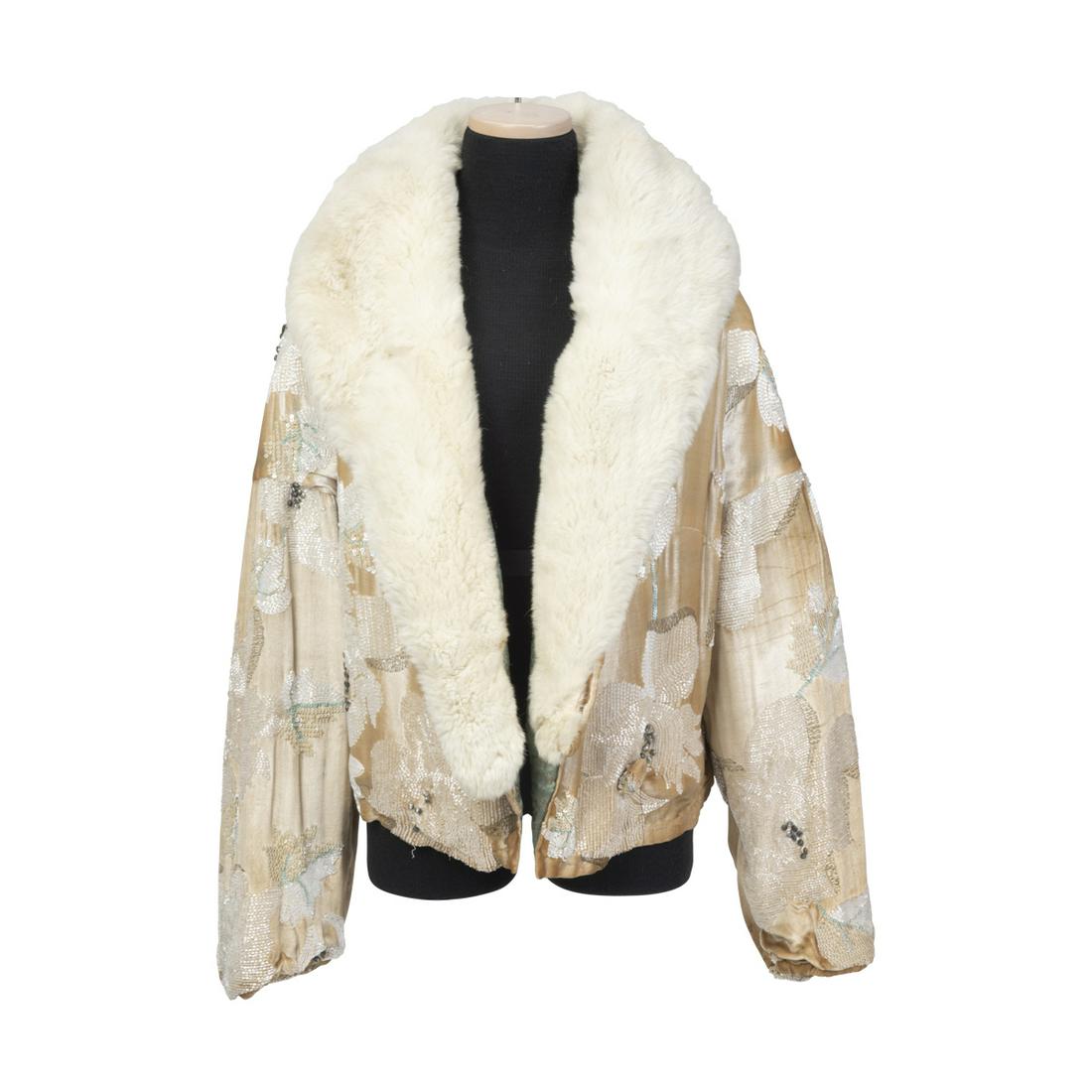 1930s Hollywood Glam Velvet Beaded Bomber Jacket.: 1930s Hollywood Glam Velvet Beaded Bomber Jacket. Off white rabbit shawl collar; soft gold brown velvet jacket, decorated with bold floral designs made with green and gold wrapped thread brocade linin