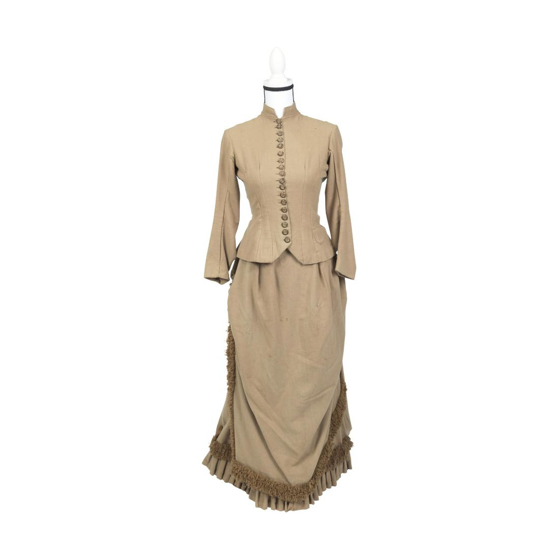 Lady's 1870s Brown Wool Boucle Trim Three Piece Dress. (1 of 5)