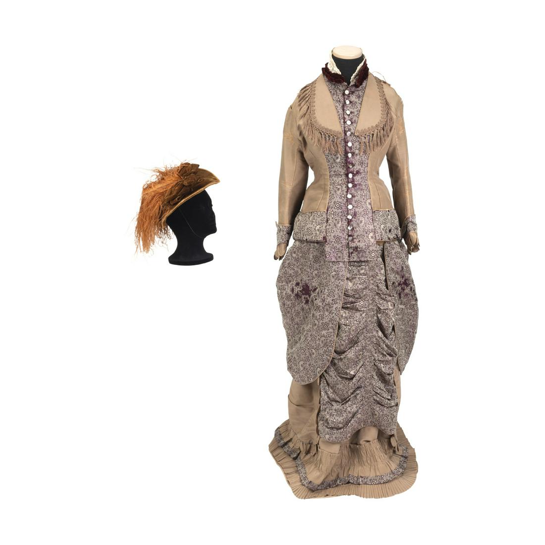 Lady's Six Part Going Away Dress incl. Hat.: Lady's Six Part Going Away Dress incl. Hat. Comprising: 1.Inner jacket bodice: ocher silk faille boned and lined inner jacket, completely sheathed in lace. Original hooks and eyes. 2. Outer jacket bod
