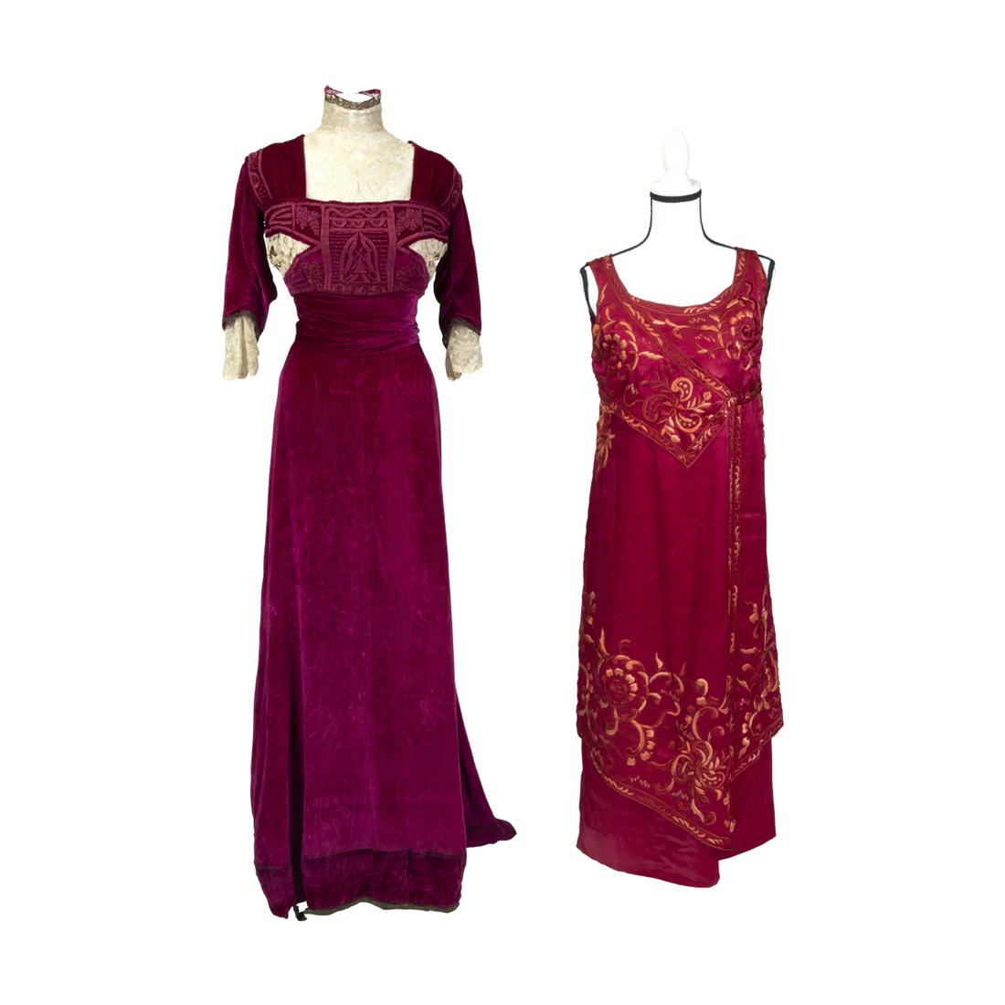 Two Edwardian Evening Dresses Red Silk and Pink Velvet. (1 of 4)