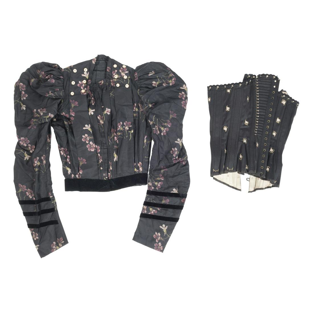 Two: Labeled Rapahel Weil SF Corset and Black Bodice.: Two: Labeled Rapahel Weil SF Corset and Black Bodice. An unusual survivor: Black cotton embroidered corset, labeled for Raphael Weil & Co., San Francisco, The White House Corset A la Souveraine. Still