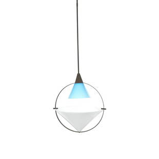 Enzo Berti Dede Ceiling Lamp: Enzo Berti Dede Ceiling Lamp. Opaque white and blue glass shades, black metal frame. {Approximate dimensions: 49 inches high.}. Condition: Working order is not guaranteed. One wire missing, the other