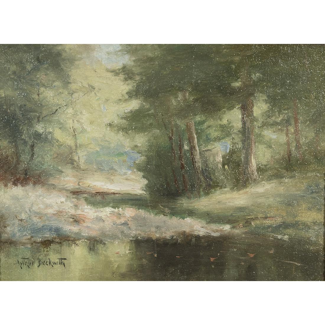 Arthur Beckwith, Stream Along the Trees, oil on canvas: ARTHUR BECKWITH (American 1860-1930), Stream Along the Trees, oil on canvas, canvas: 8.5 x 11.5 inches, framed: 16.5 x 19.5 inches, signed lower right.