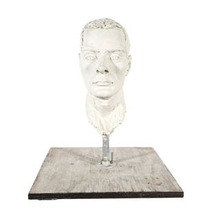 ROBERT ARNESON, Portrait of a Man, plaster sculpture.: ROBERT ARNESON (American, 1930-1992), Portrait of a Man, 1956, plaster sculpture, head: 14 x 6.5 x 7.25 inches, overall (with board): 19.5 x 16 x 16 inches, signed and dated on neck verso. Note: In 19