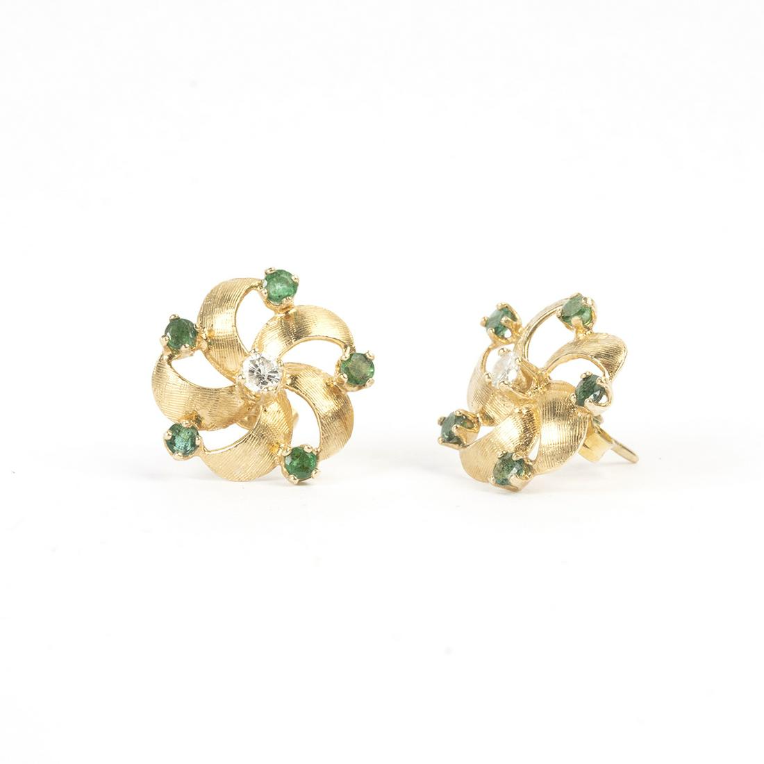 Pair of Diamond, Emerald, 14k Yellow Gold Earrings. (1 of 3)
