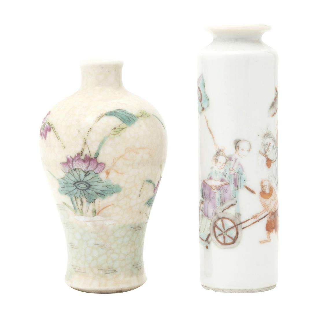 Two Chinese Famille Rose Porcelain Snuff Bottles: Group of Two Chinese Famille Rose Porcelain Snuff Bottles. The first is a cylindrical bottle, finely painted with elegant men and ladies traveling on horseback and wagon accompanied by servants, and t