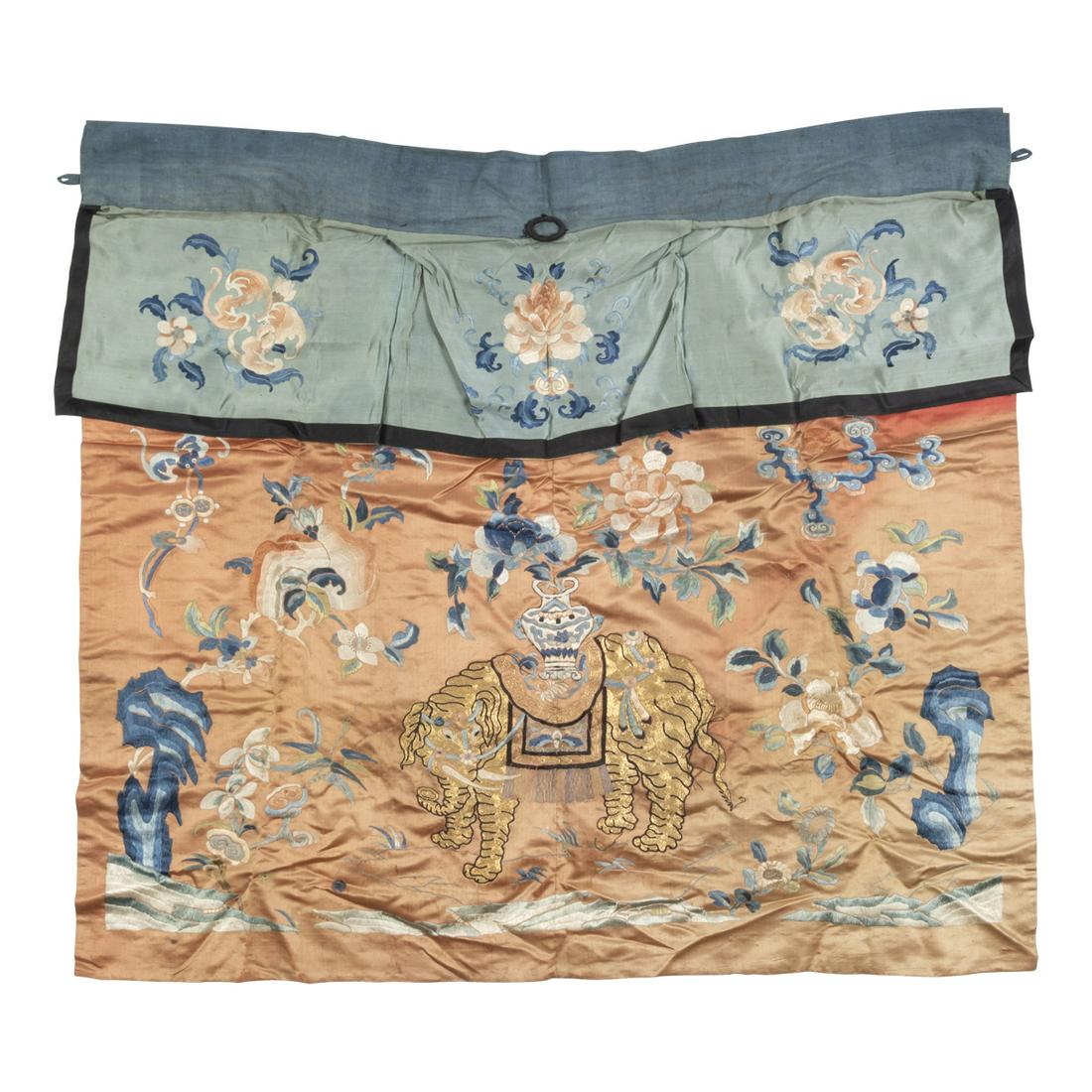Chinese Orange Ground Silk Embroidered 'Elephant' Panel (1 of 3)