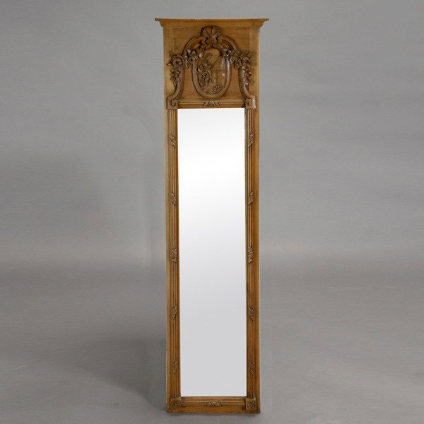 French Provincial Trumeau Carved Wood Mirror: French Provincial Walnut Trumeau Mirror with Carved Landscape Vignette Featuring a House {Dimensions 60 1/4 x 17 inches}