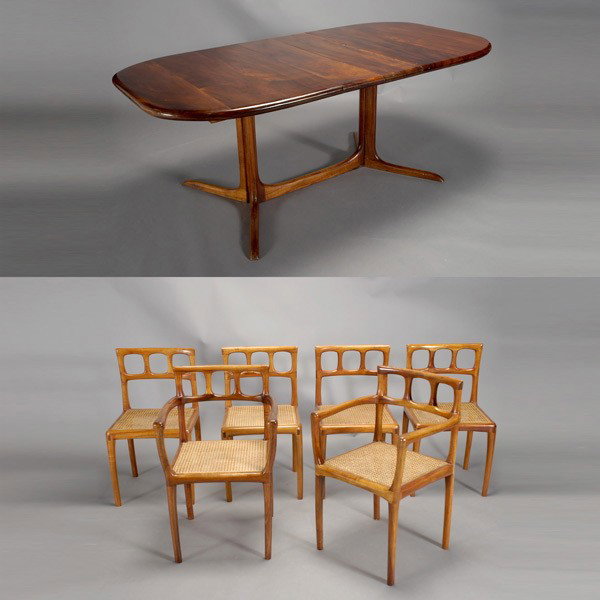 Thonet Style Dining Set with Table & 6 Chairs: Thonet Style Bentwood Dining Suite: comprising table and Six Caned Seat Chairs, including two armchairs {Dimensions of table with both leaves 29 1/2 x 77 1/2 x 39 1/2 inches; armchair 32 x 20 3/4 x 18