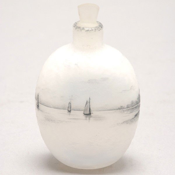 Daum Nancy Cameo Glass Perfume Bottle: Daum Nancy Cameo Pictorial Glass Scent Bottle, of flattened globular form in white glass with a continuous grisaille painted seascape with sailboats, the reverse a landscape with a windmill, with a gi