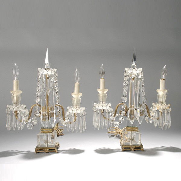 Pair Regency Style Gilt Brass Cut Glass Lustres: Pair of Regency Style Gilt Brass Two Light Cut Glass Lustres Centering An Obelisk {Height 18 1/2 inches}