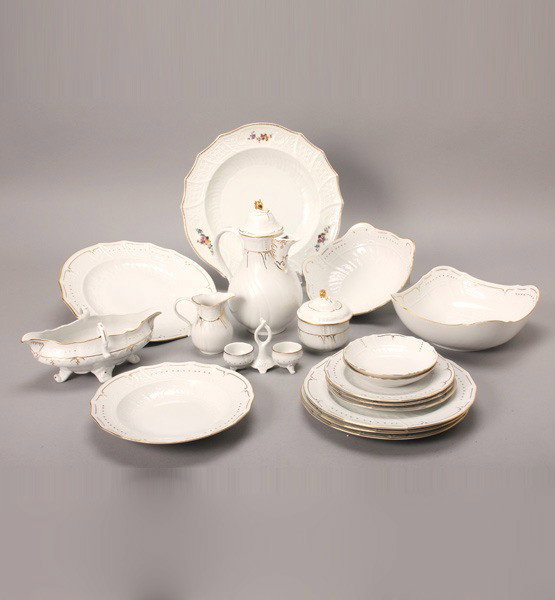 Pirkenhammer Czech Porcelain Dinner Service: Pirkenhammer Czechoslovakia Porcelain Dinner Service: twelve dinner plates (diameter 10 inches); twelve soup bowls (diameter 9 1/2 inches); twenty-four dessert plates (diameter 7 1/2 inches); twelve c
