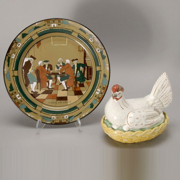 Deldare Ware Charger and Ceramic Hen-Form Tureen: Deldare Ware Charger "An Evening at Ye Lion Inn"; together with a ceramic hen form tureen (2) {Diameter of charger 13 1/2 inches; height of tureen 7 1/4 inches}
