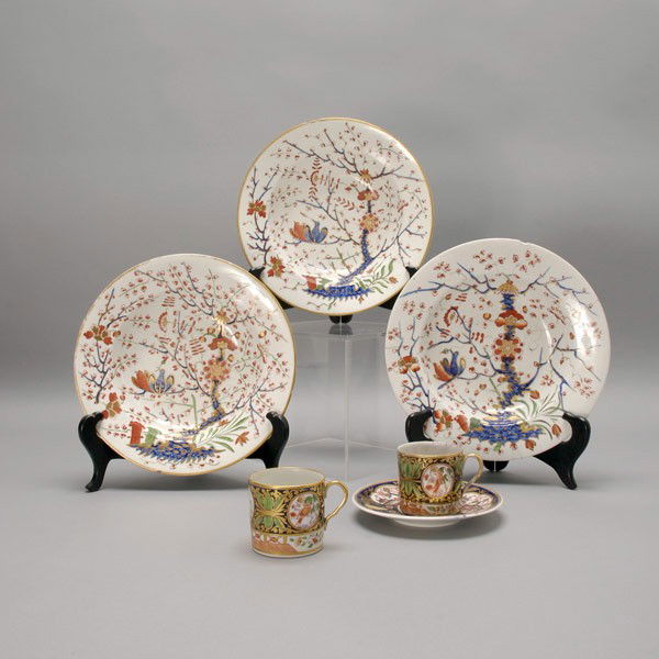 Group of English 19th Century Porcelains: Group of English 19th Century Porcelains: including three Derby bowls in Imari pattern; a partial tea service with blue willow transfer pattern; and two cups and a saucer (14) {Diameter of Derby bowls