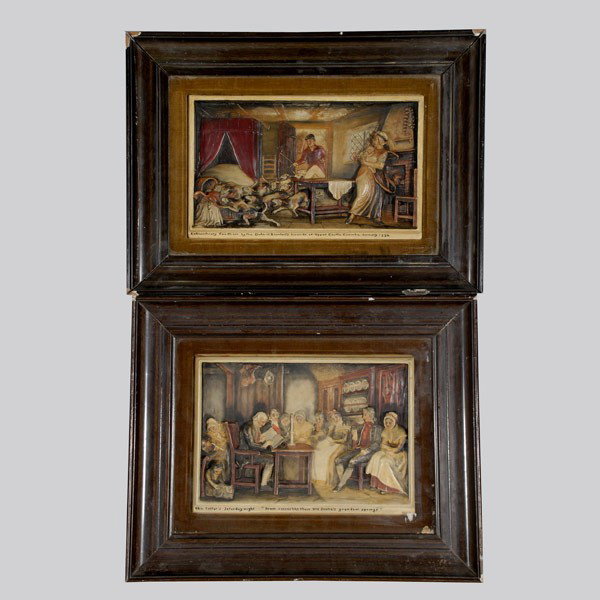 Two Victorian Tableaux in Shadow Box Frames: Two Victorian Tableaux in Shadow Box Frames: "Extraordinary fox chase by the Duke of Beaufort's hounds at upper Castle Coombe January 1794"; "The Cottar's Saturday night From scenes like these old Sco